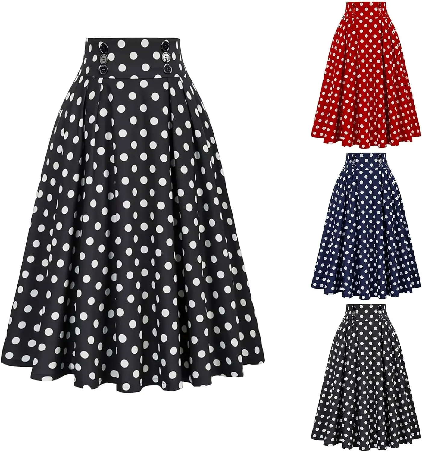 Midi Skirts for Women Casual Stretchy Flared A-Line Skirt Polka Dot Print Pleated High Waist Skater Skirt