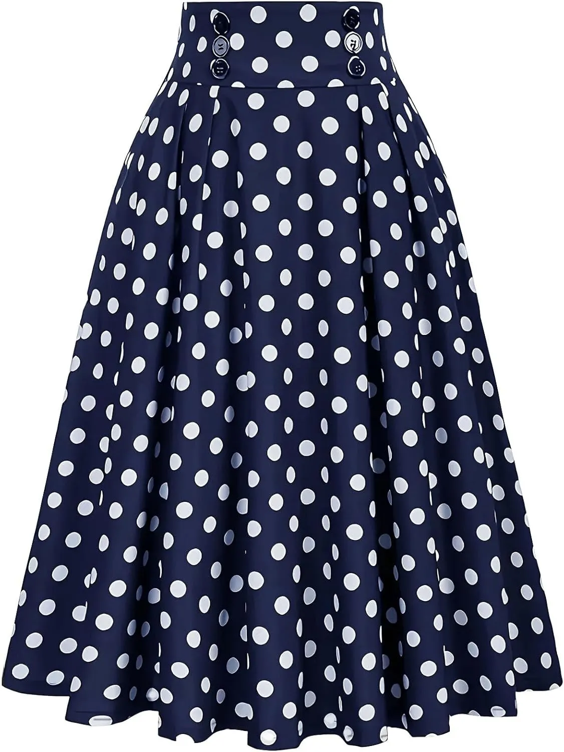 Midi Skirts for Women Casual Stretchy Flared A-Line Skirt Polka Dot Print Pleated High Waist Skater Skirt