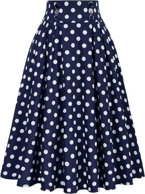 Midi Skirts for Women Casual Stretchy Flared A-Line Skirt Polka Dot Print Pleated High Waist Skater Skirt