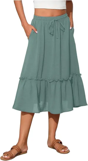 Midi Skirts for Women Casual Summer Boho Flowy Swing Ruffle Tiered A-Line Elastic Tie Waist Pleated Long Skirt Dress
