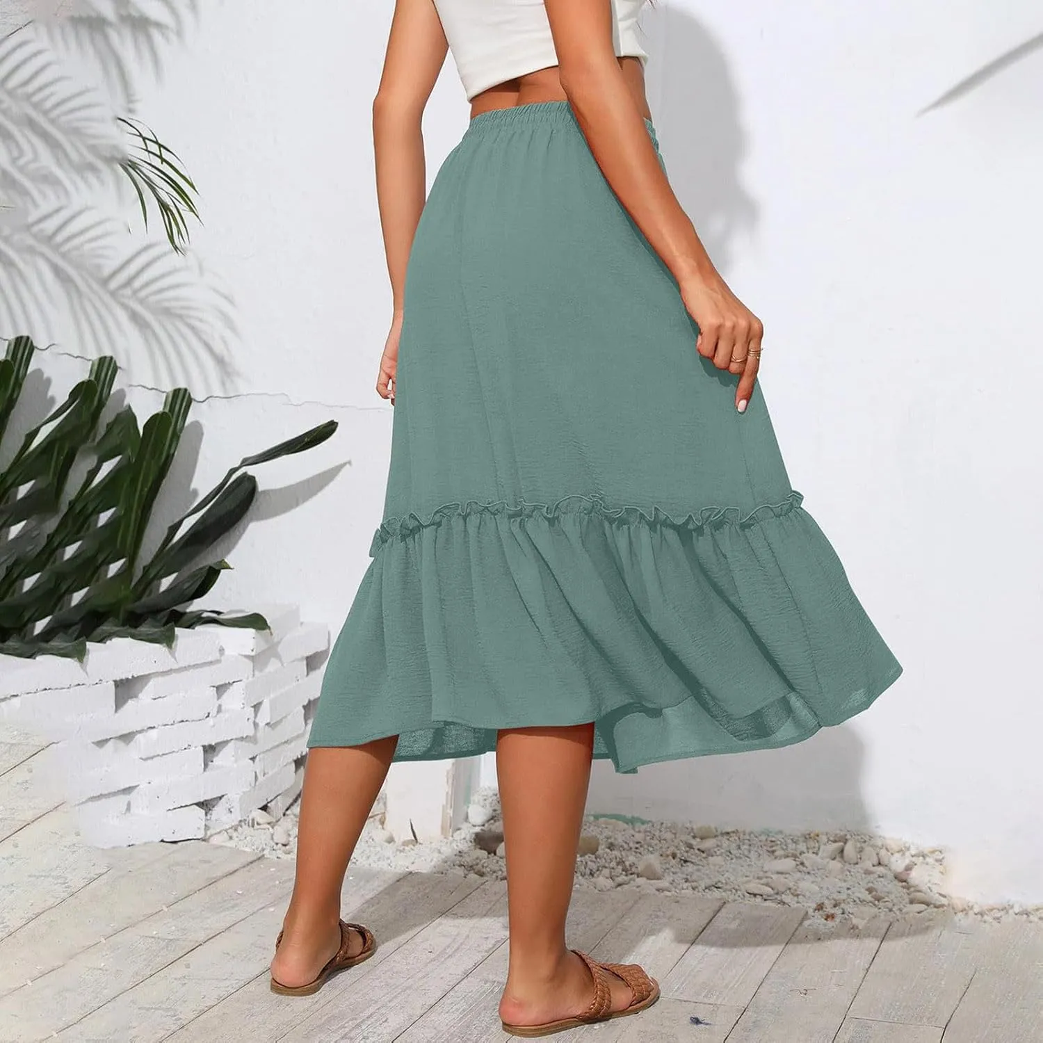 Midi Skirts for Women Casual Summer Boho Flowy Swing Ruffle Tiered A-Line Elastic Tie Waist Pleated Long Skirt Dress
