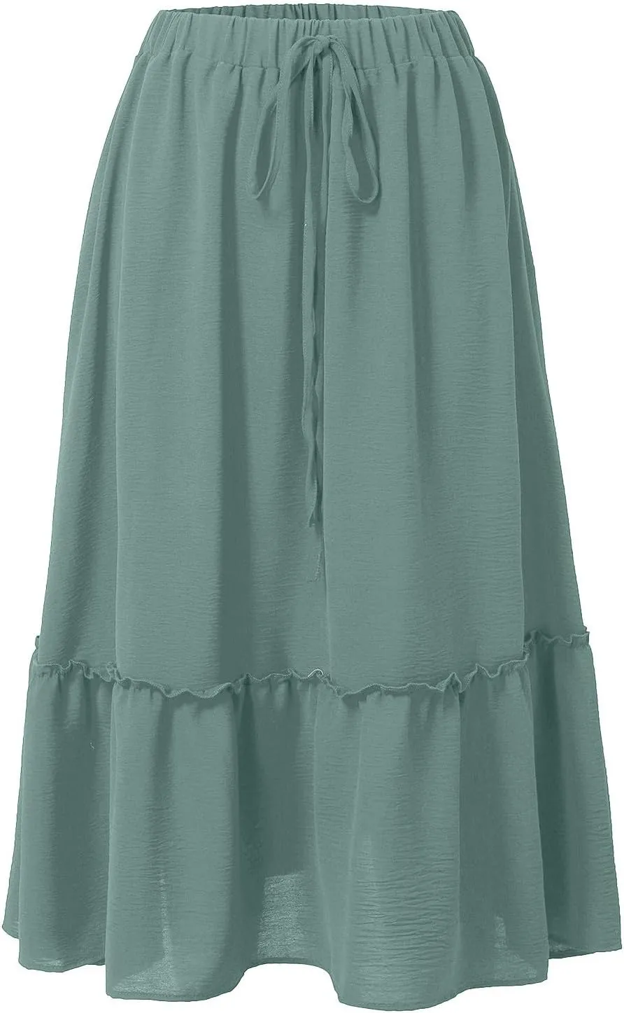 Midi Skirts for Women Casual Summer Boho Flowy Swing Ruffle Tiered A-Line Elastic Tie Waist Pleated Long Skirt Dress
