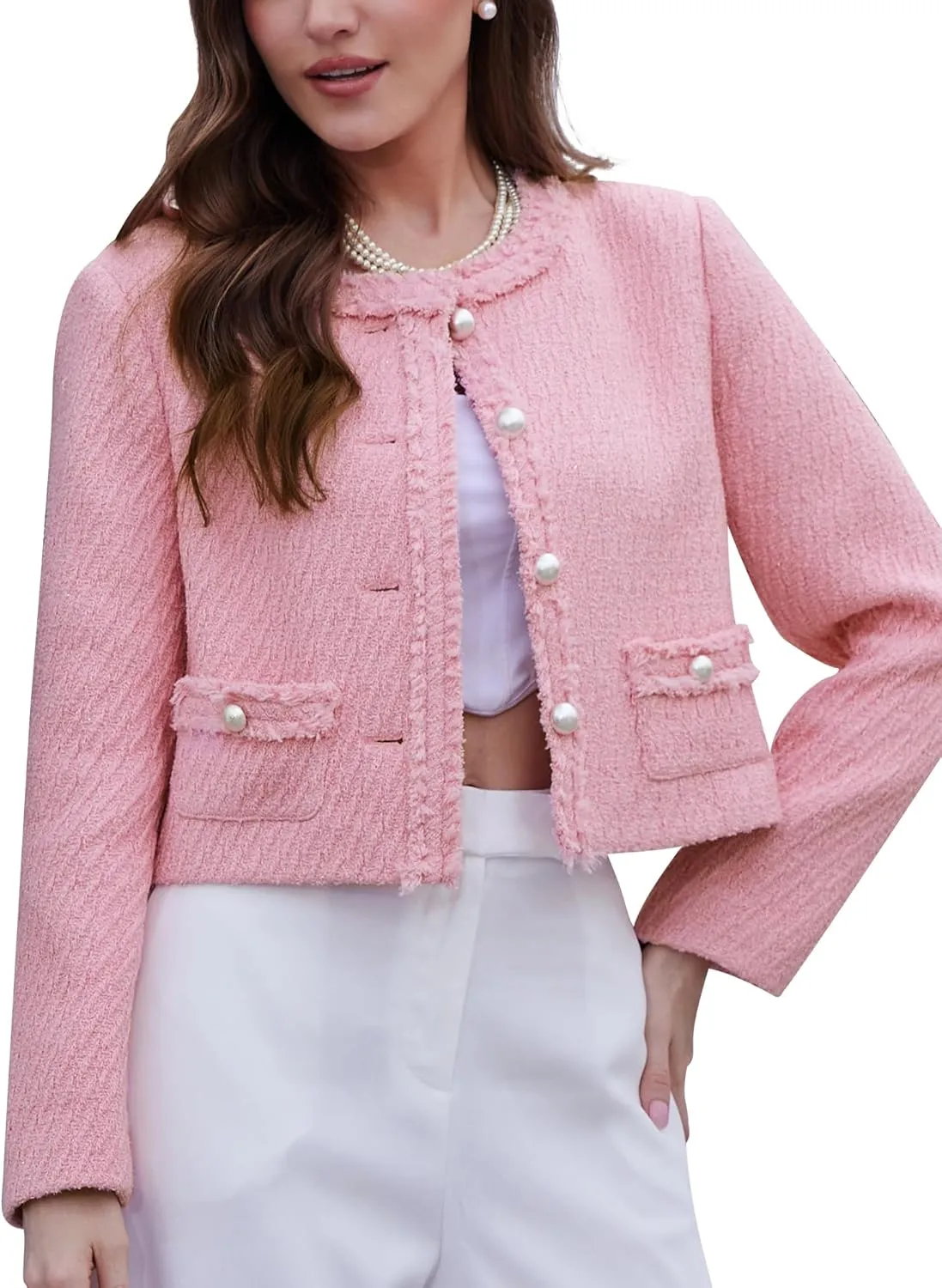 M.Infisavo Tweed Blazer Jackets for Women Fall Winter Long Sleeve Elegant Work Business Casual Cropped Jacket