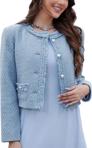 M.Infisavo Tweed Blazer Jackets for Women Fall Winter Long Sleeve Elegant Work Business Casual Cropped Jacket