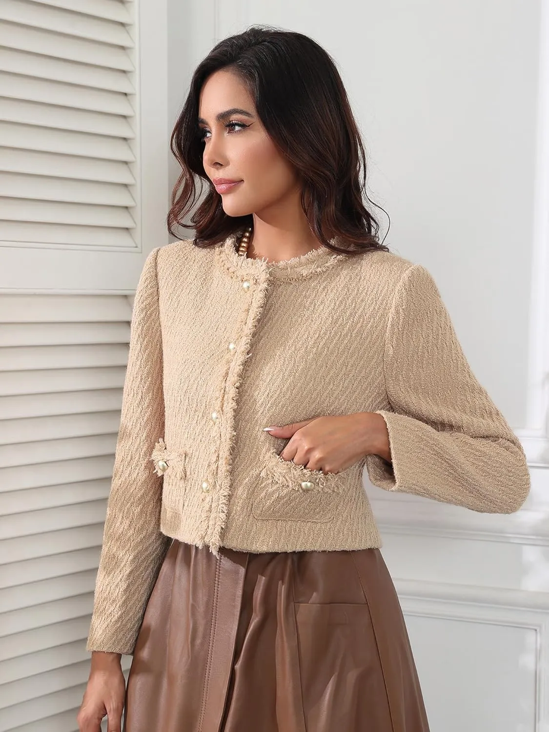 M.Infisavo Tweed Blazer Jackets for Women Fall Winter Long Sleeve Elegant Work Business Casual Cropped Jacket