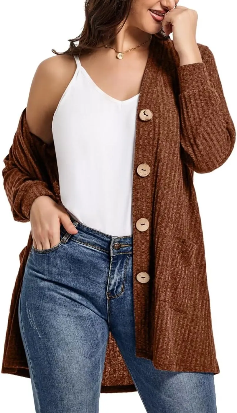 MONNURO Plus Size Cardigan for Women Lightweight Long Sleeve Button Down Sweaters Work Tops with Pockets