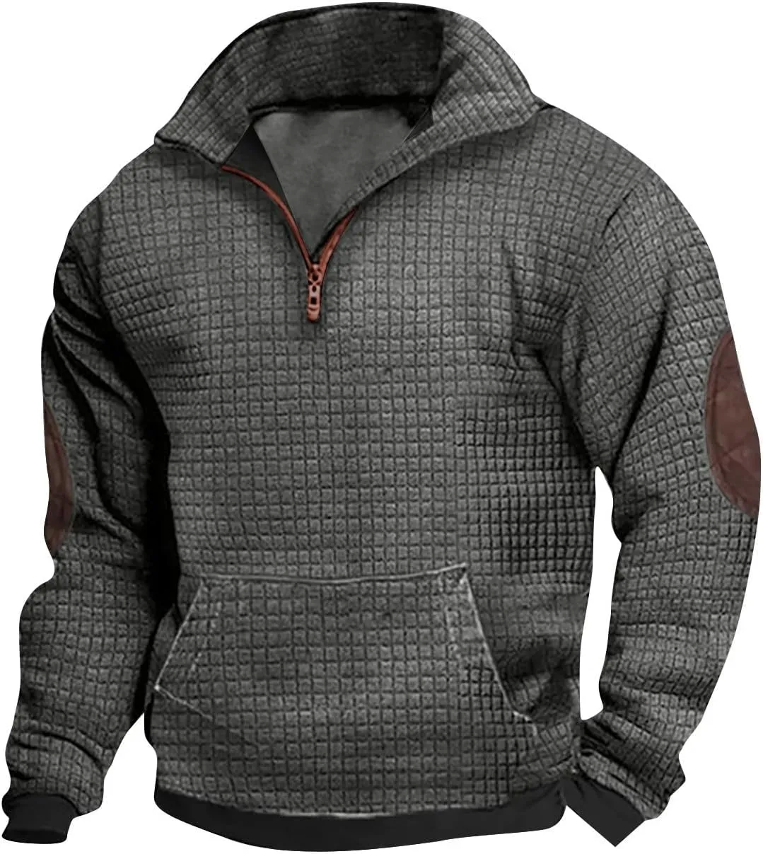 Muscularfit Sweatshirts for Men No Hood Long Sleeve Waffle Stand Collar Pullover Casual Quarter-Zip Lightweight Tee Shirts