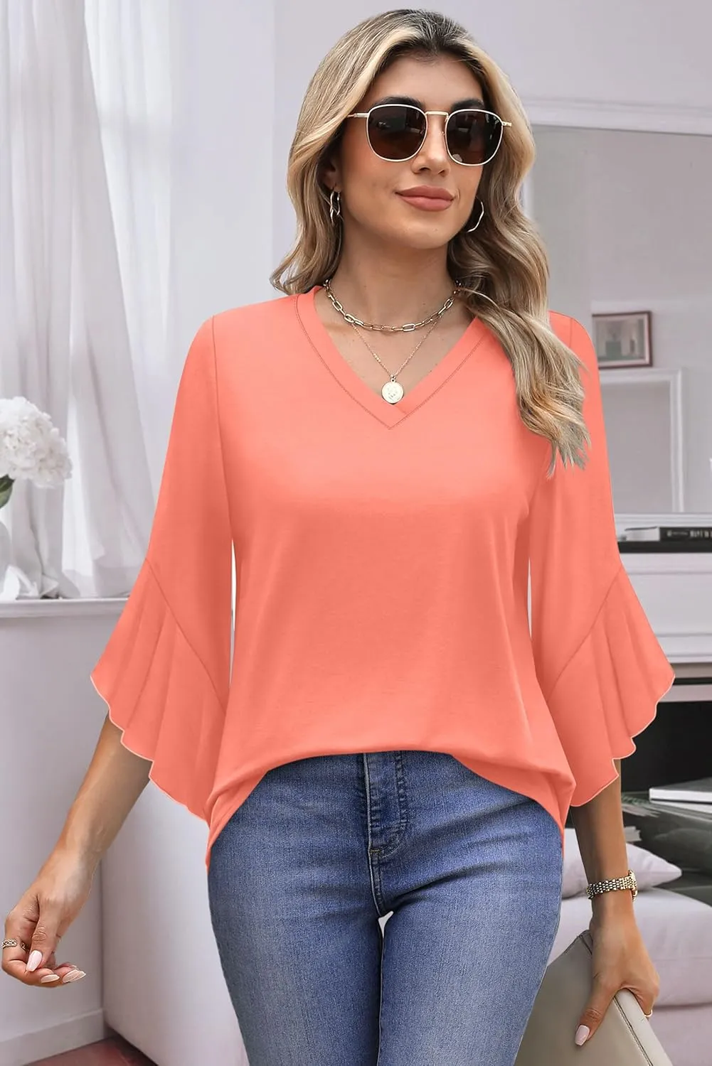 OFEEFAN Blouses for Women Dressy Casual 3/4 Length Sleeve Womens Tops V Neck Tshirts Shirts with Flared Sleeve