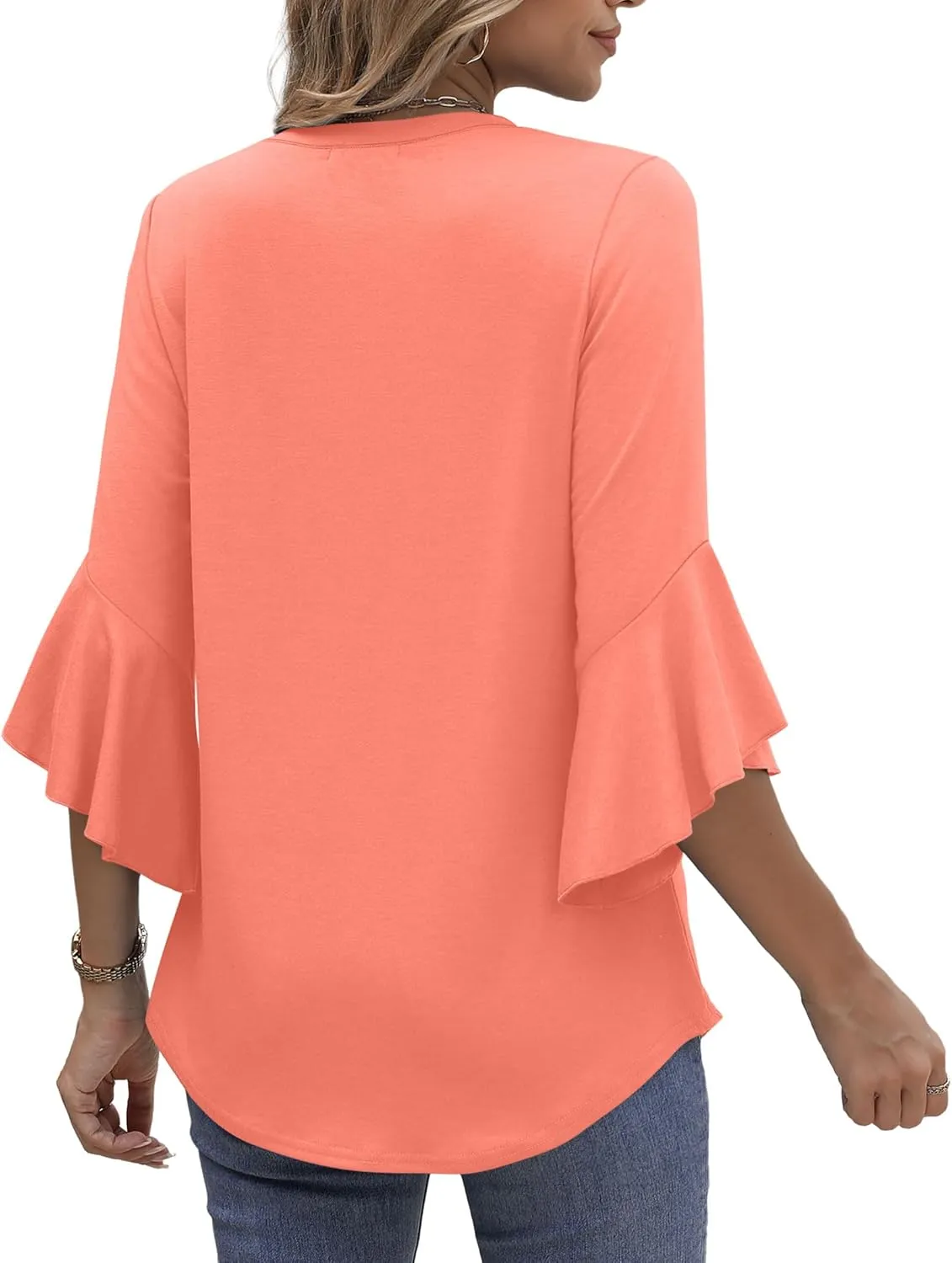 OFEEFAN Blouses for Women Dressy Casual 3/4 Length Sleeve Womens Tops V Neck Tshirts Shirts with Flared Sleeve