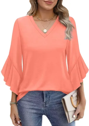 OFEEFAN Blouses for Women Dressy Casual 3/4 Length Sleeve Womens Tops V Neck Tshirts Shirts with Flared Sleeve