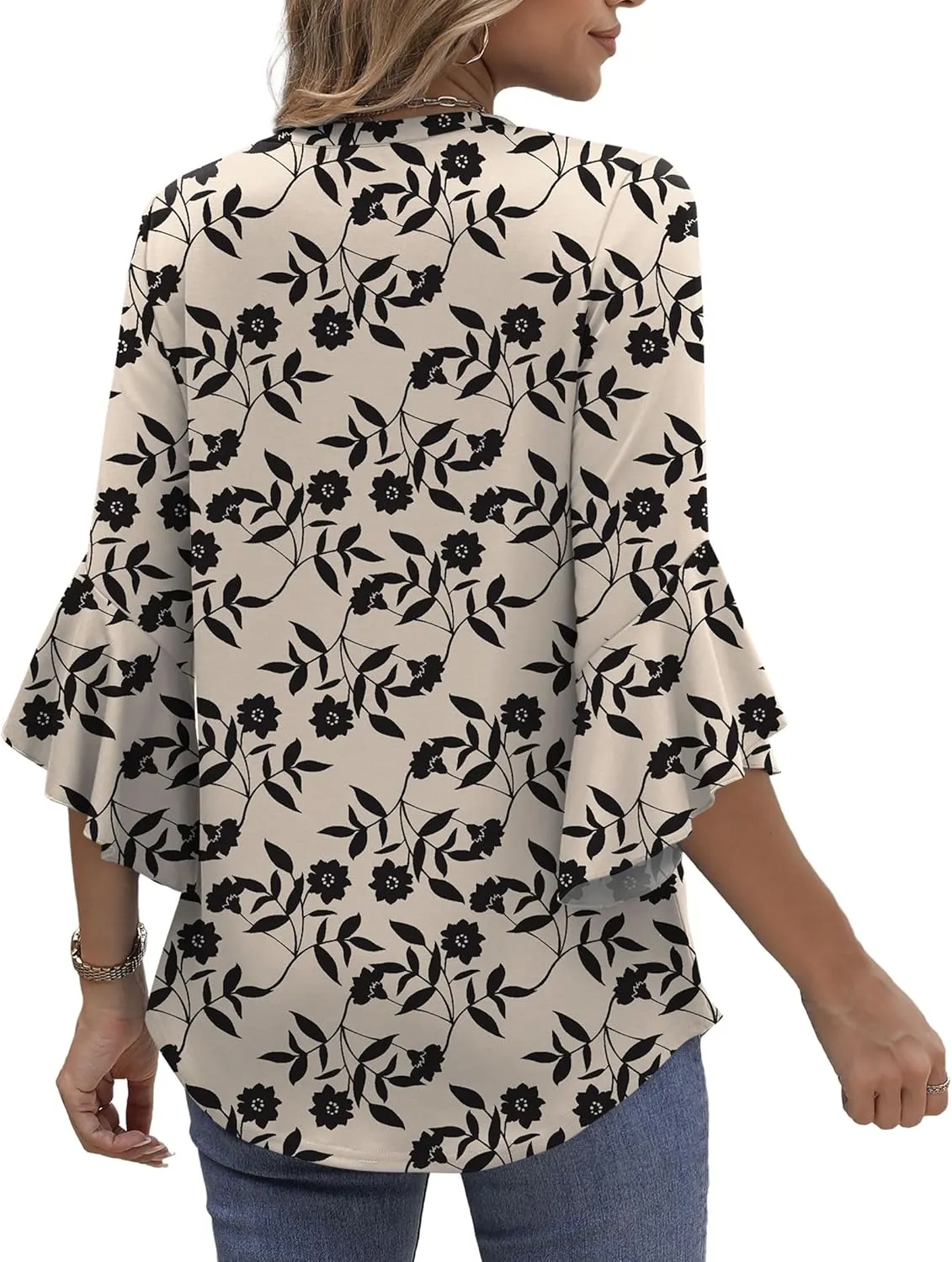 OFEEFAN Blouses for Women Dressy Casual 3/4 Length Sleeve Womens Tops V Neck Tshirts Shirts with Flared Sleeve