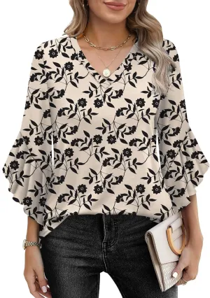 OFEEFAN Blouses for Women Dressy Casual 3/4 Length Sleeve Womens Tops V Neck Tshirts Shirts with Flared Sleeve