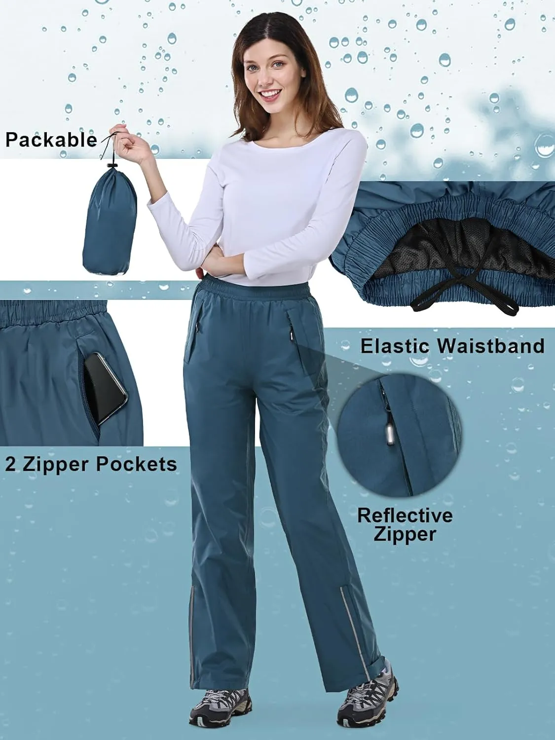 Outdoor Ventures Women's Rain Pants Packable Waterproof Hiking Pants Windproof Breathable Outdoor Rain Over Pants