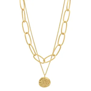 Oval Link Chain and Coin Pendant Layered Necklace gold