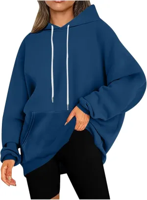 Oversized Drawstring Hoodies For Women Casual Long Sleeve Pullover Tops Comfy Hooded Sweatshirts Fall Fashion Outfits