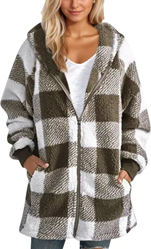 Oversized Sherpa Jacket Women Plus Size Plaid Fleece Full Zip Winter Coat Comfy Fuzzy Cardigan Sweater Hooded Outwear