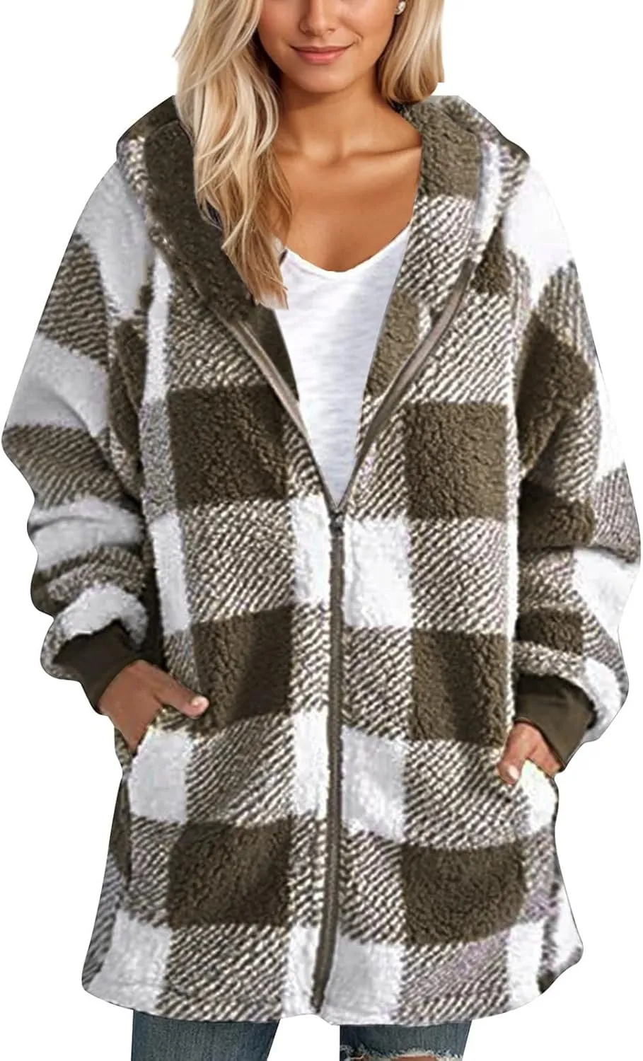 Oversized Sherpa Jacket Women Plus Size Plaid Fleece Full Zip Winter Coat Comfy Fuzzy Cardigan Sweater Hooded Outwear