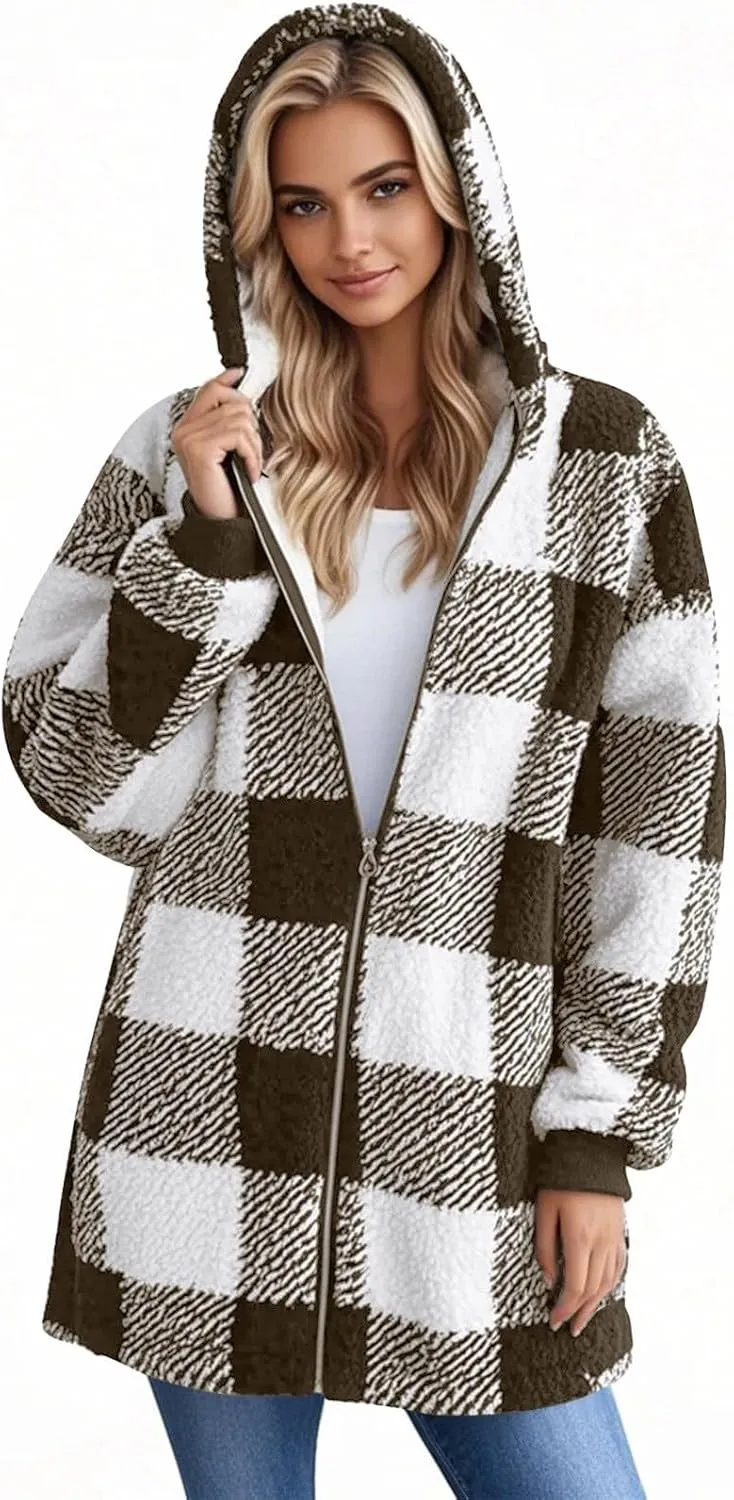 Oversized Sherpa Jacket Women Plus Size Plaid Fleece Full Zip Winter Coat Comfy Fuzzy Cardigan Sweater Hooded Outwear