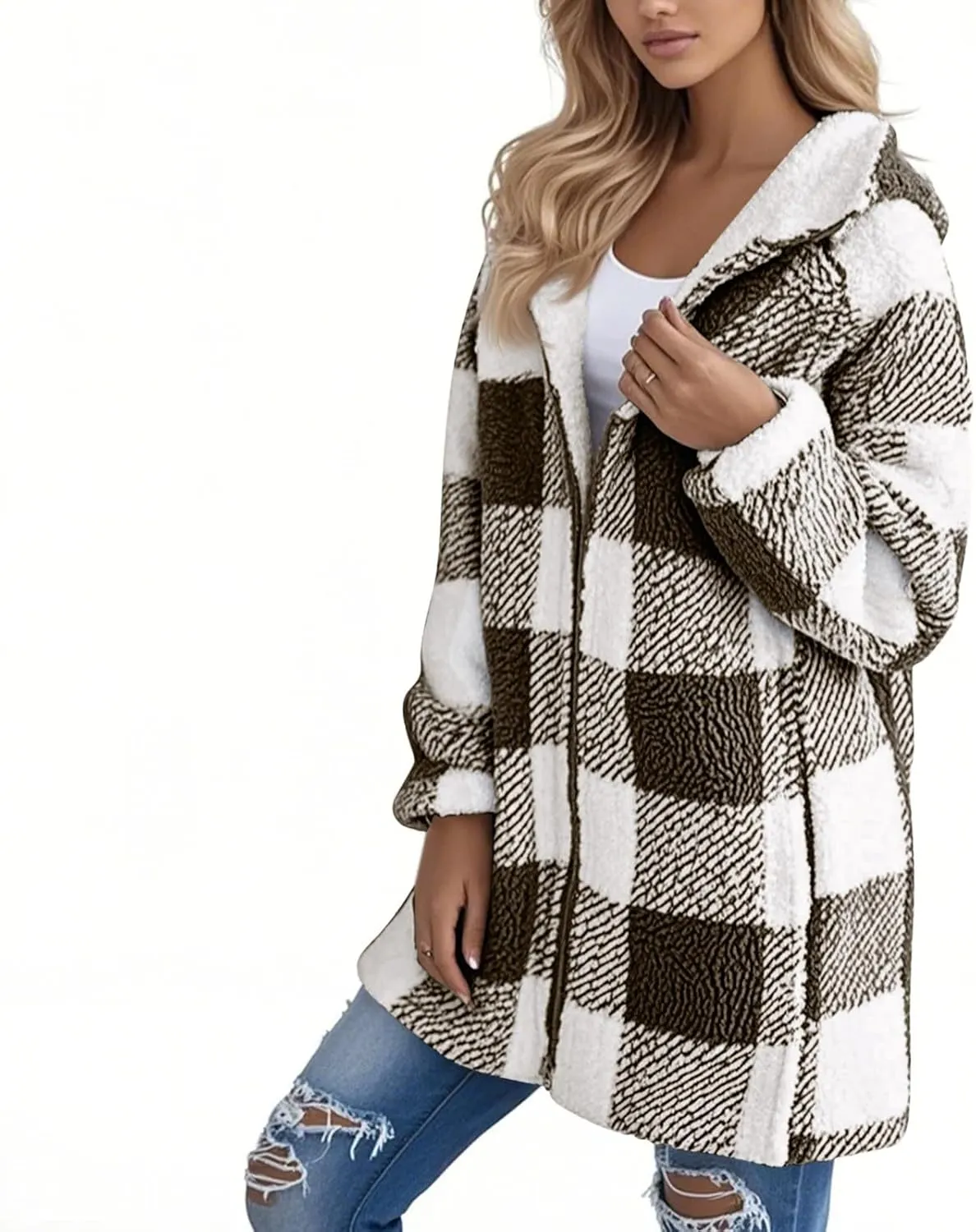 Oversized Sherpa Jacket Women Plus Size Plaid Fleece Full Zip Winter Coat Comfy Fuzzy Cardigan Sweater Hooded Outwear