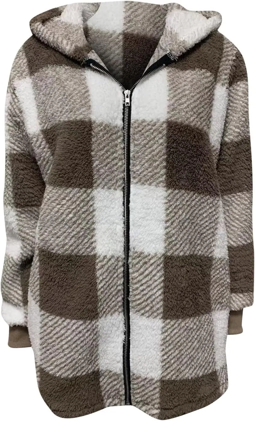 Oversized Sherpa Jacket Women Plus Size Plaid Fleece Full Zip Winter Coat Comfy Fuzzy Cardigan Sweater Hooded Outwear