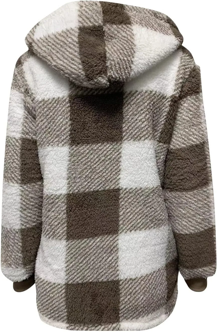 Oversized Sherpa Jacket Women Plus Size Plaid Fleece Full Zip Winter Coat Comfy Fuzzy Cardigan Sweater Hooded Outwear