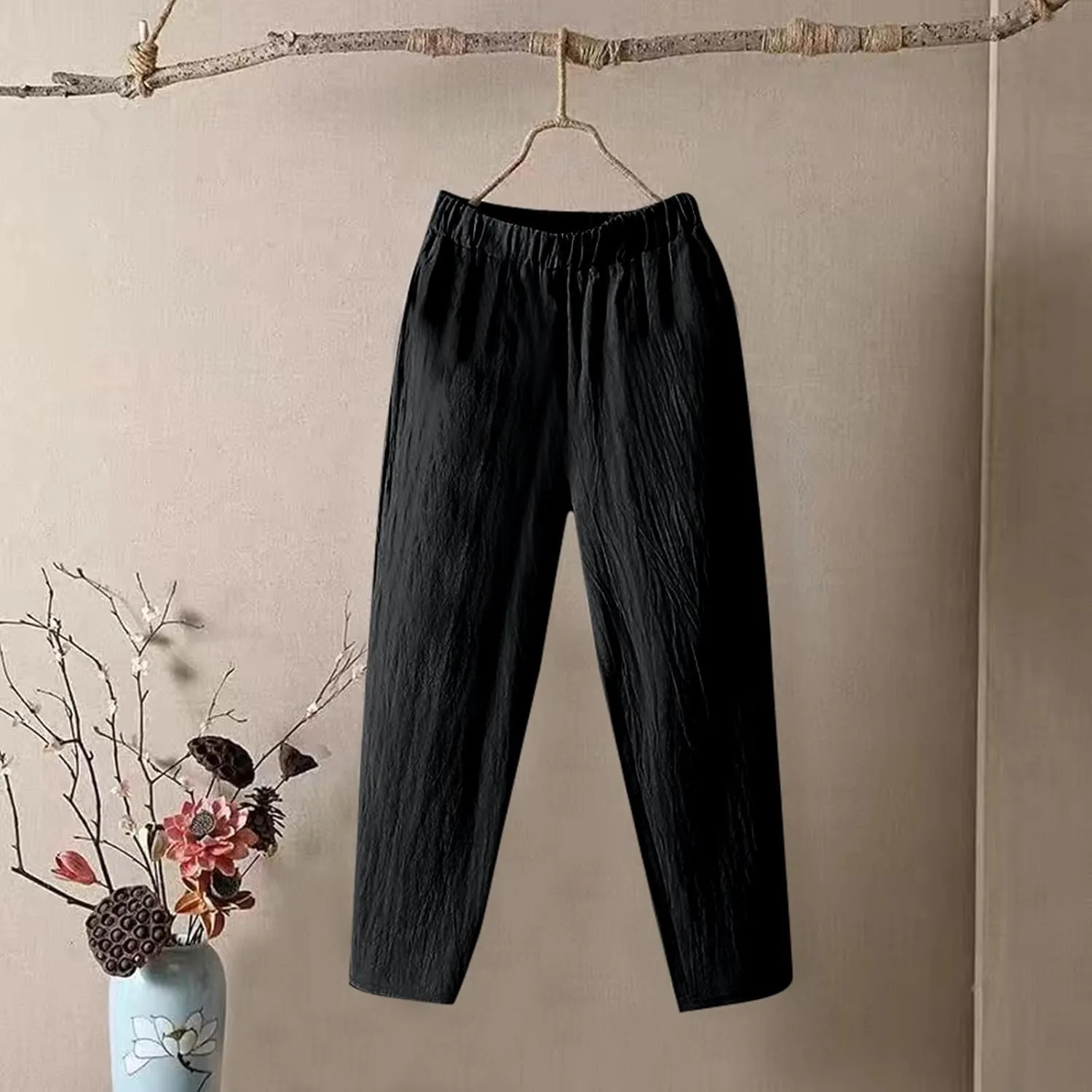 Pants for Women, Straight Leg Linen Loose Casual Pants Peasant Lounge Stretchy