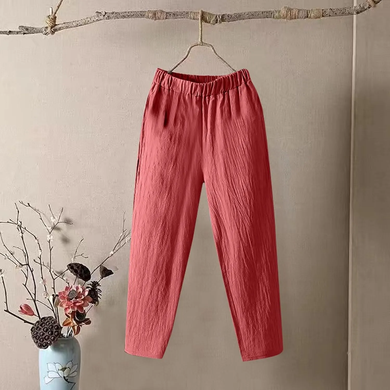 Pants for Women, Straight Leg Linen Loose Casual Pants Peasant Lounge Stretchy