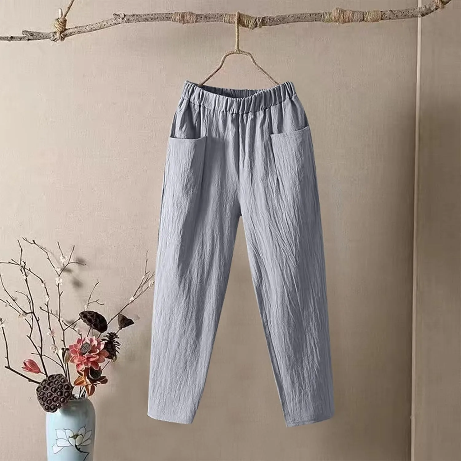 Pants for Women, Straight Leg Linen Loose Casual Pants Peasant Lounge Stretchy
