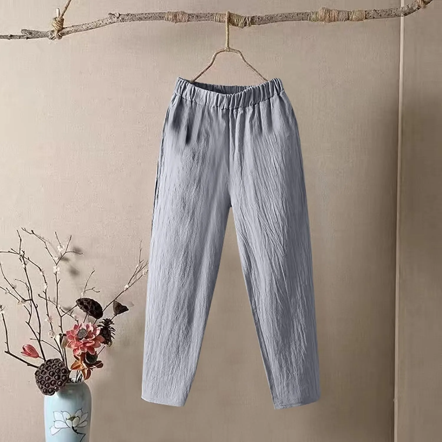 Pants for Women, Straight Leg Linen Loose Casual Pants Peasant Lounge Stretchy