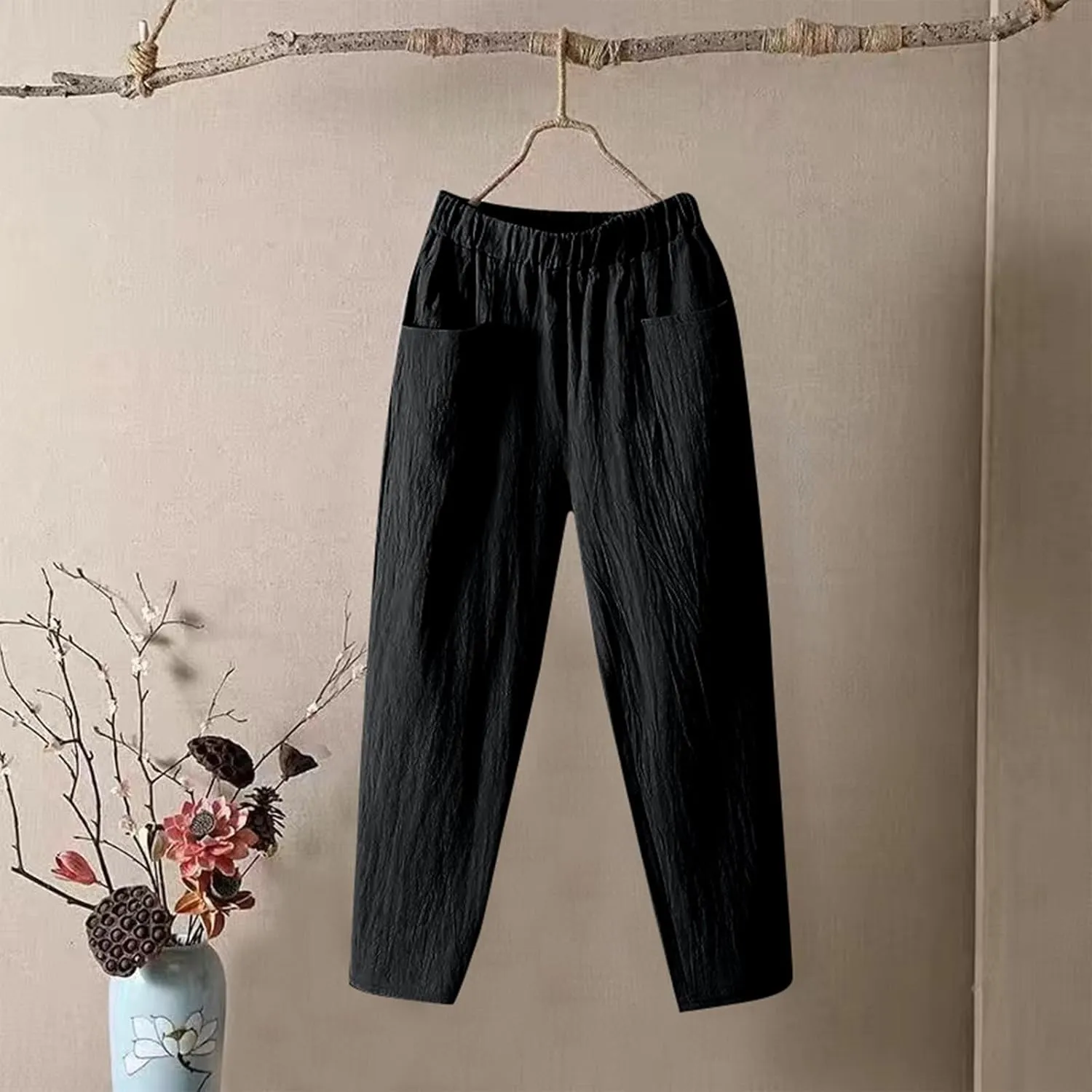 Pants for Women, Straight Leg Linen Loose Casual Pants Peasant Lounge Stretchy