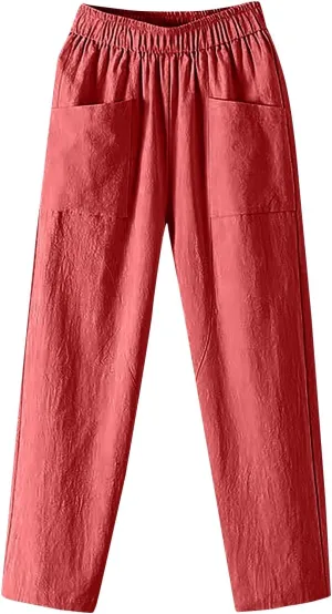 Pants for Women, Straight Leg Linen Loose Casual Pants Peasant Lounge Stretchy