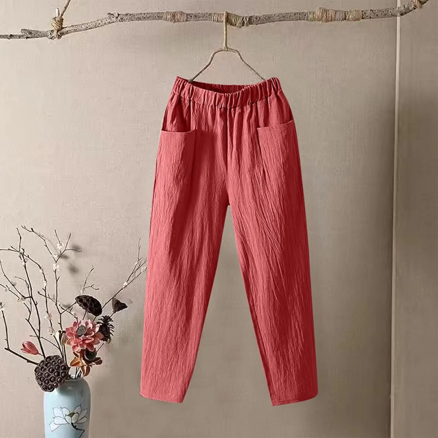 Pants for Women, Straight Leg Linen Loose Casual Pants Peasant Lounge Stretchy