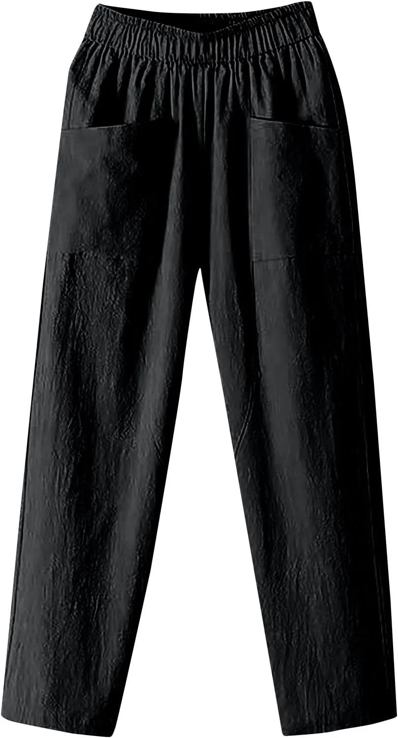 Pants for Women, Straight Leg Linen Loose Casual Pants Peasant Lounge Stretchy
