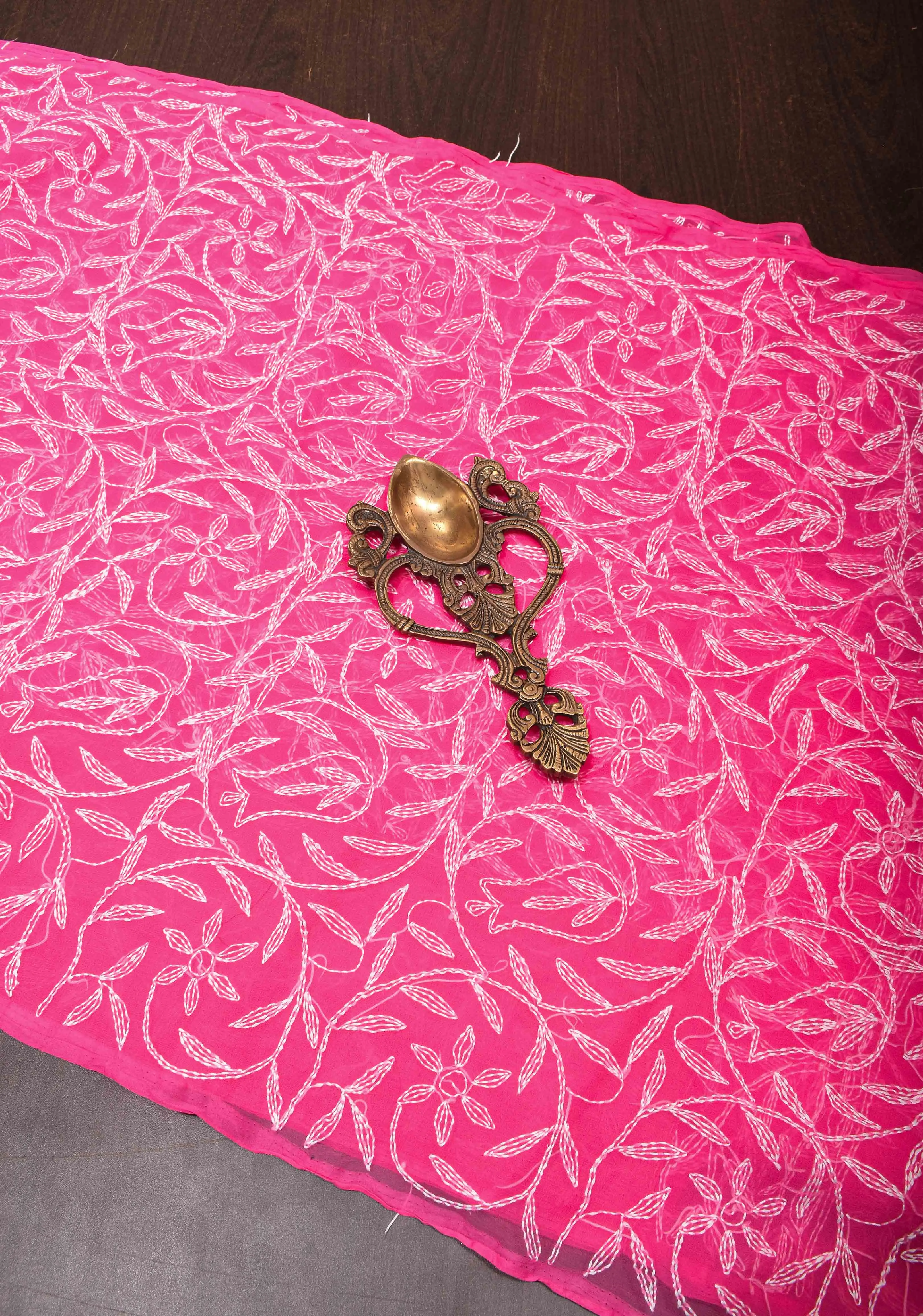 Pink Authentic Hand Tepchi Chikankari Full Jaal work on Georgette Saree