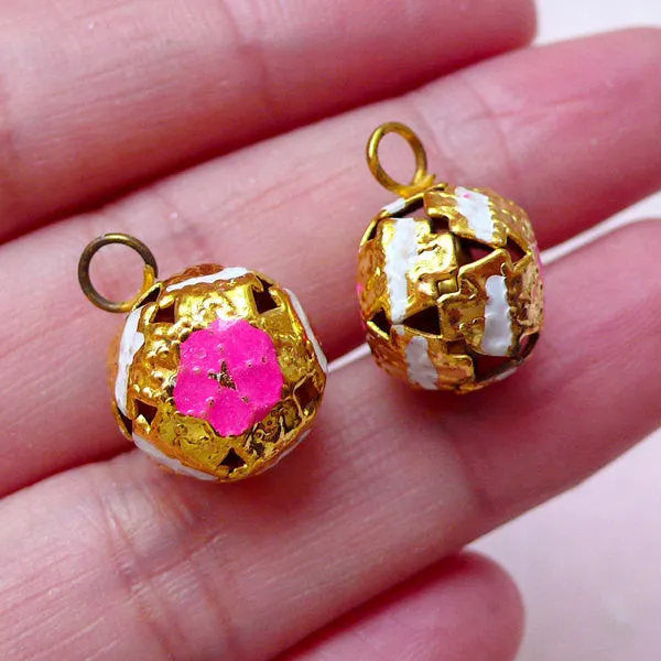 Pink Enamel Bell Charms (5pcs / 12mm x 16mm / Dark Pink, White & Gold) Jewellery Supplies Decoden Earphone Jack Dust Plug Charm DIY CHM1530