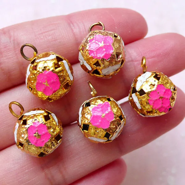 Pink Enamel Bell Charms (5pcs / 12mm x 16mm / Dark Pink, White & Gold) Jewellery Supplies Decoden Earphone Jack Dust Plug Charm DIY CHM1530