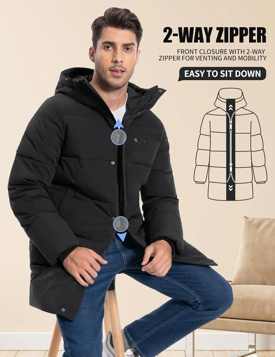 Pioneer Camp Mens Long Winter Coat Hooded Waterproof Insulated Puffer Jacket Thicken Puffy Warm Down Windbreaker Parka
