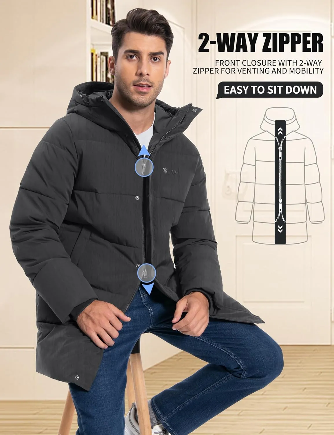 Pioneer Camp Mens Long Winter Coat Hooded Waterproof Insulated Puffer Jacket Thicken Puffy Warm Down Windbreaker Parka