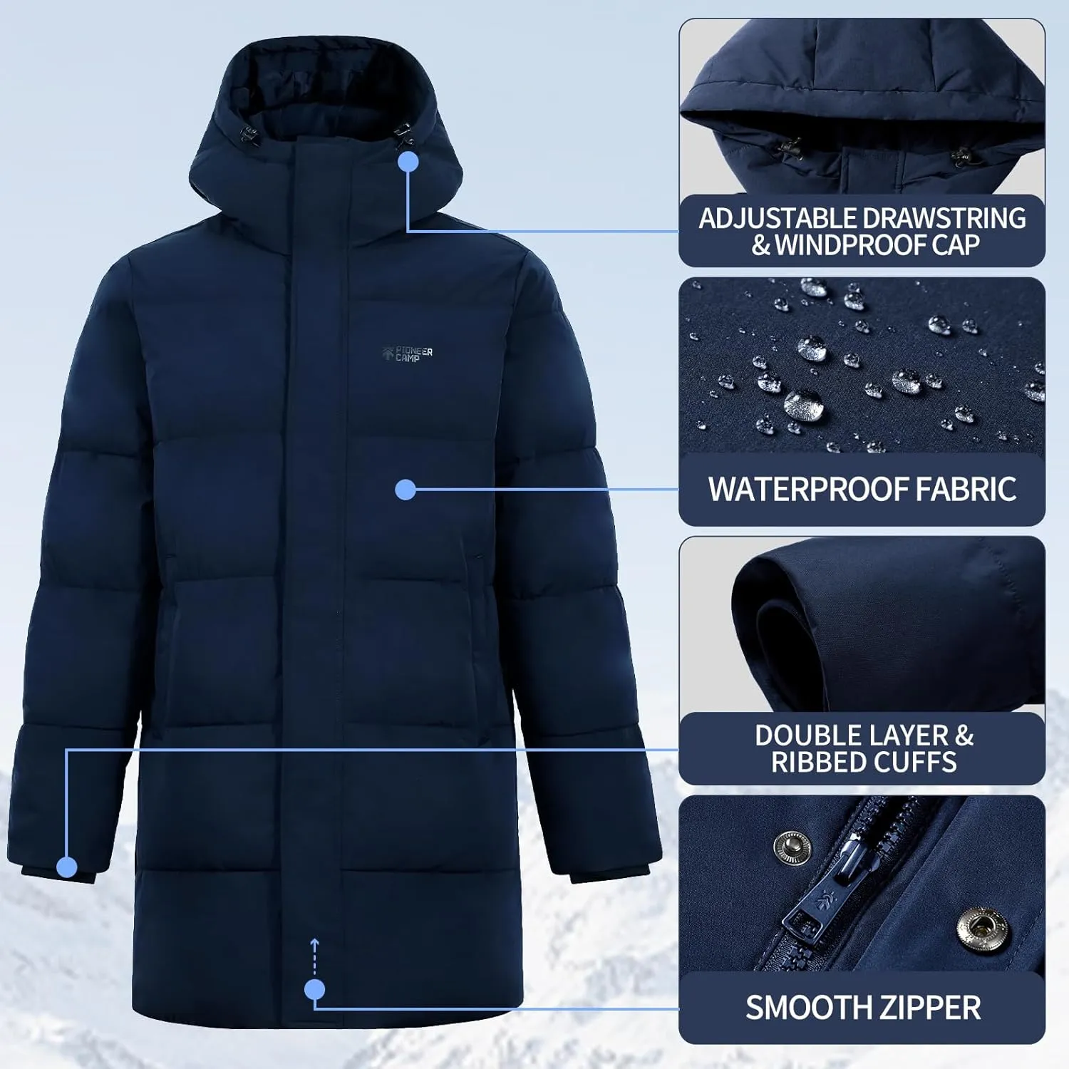 Pioneer Camp Mens Long Winter Coat Hooded Waterproof Insulated Puffer Jacket Thicken Puffy Warm Down Windbreaker Parka