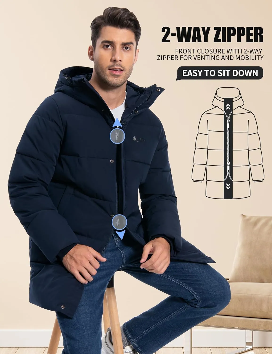 Pioneer Camp Mens Long Winter Coat Hooded Waterproof Insulated Puffer Jacket Thicken Puffy Warm Down Windbreaker Parka
