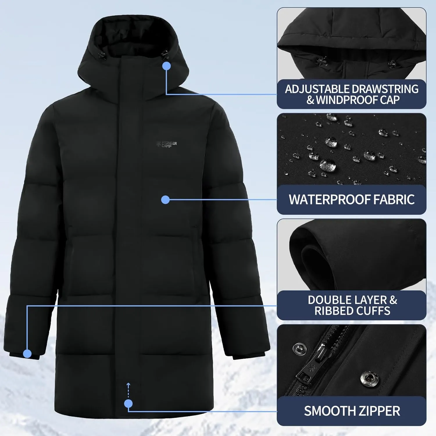 Pioneer Camp Mens Long Winter Coat Hooded Waterproof Insulated Puffer Jacket Thicken Puffy Warm Down Windbreaker Parka