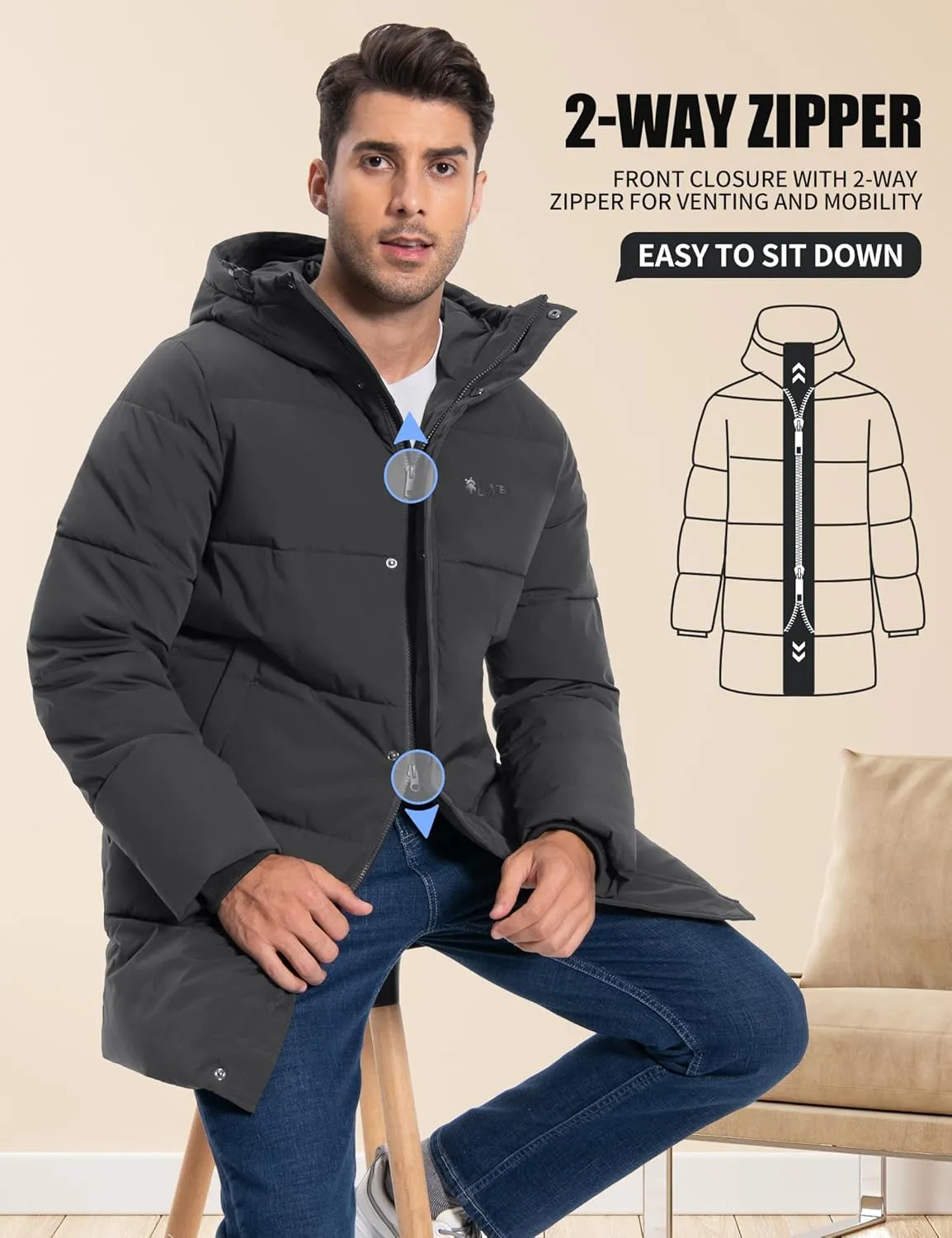 Pioneer Camp Mens Long Winter Coat Hooded Waterproof Insulated Puffer Jacket Thicken Puffy Warm Down Windbreaker Parka