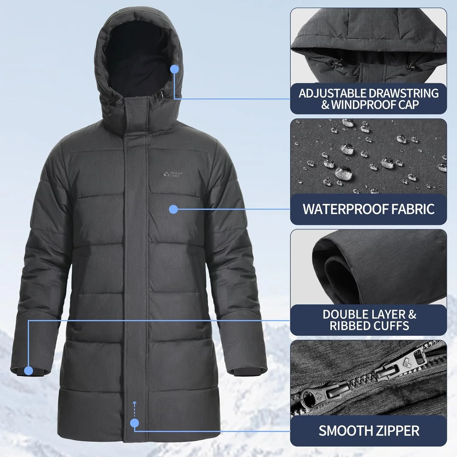 Pioneer Camp Mens Long Winter Coat Hooded Waterproof Insulated Puffer Jacket Thicken Puffy Warm Down Windbreaker Parka