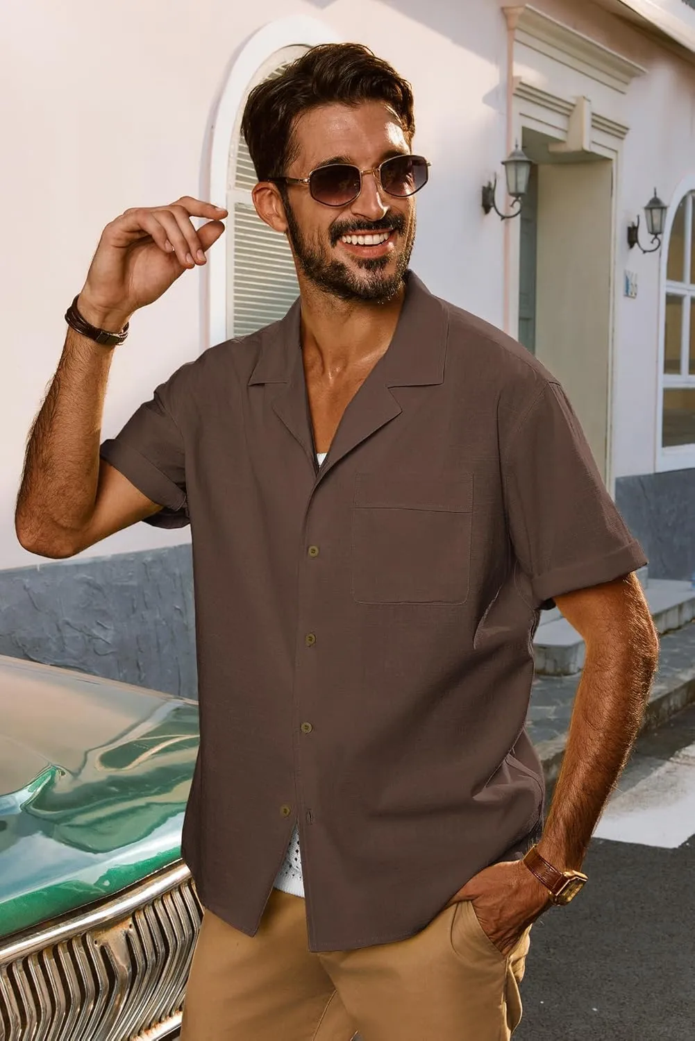 PJ PAUL JONES Mens Short Sleeve Button Down Shirts Untuckit Cuban Casual Shirt with Pocket for Summer Beach
