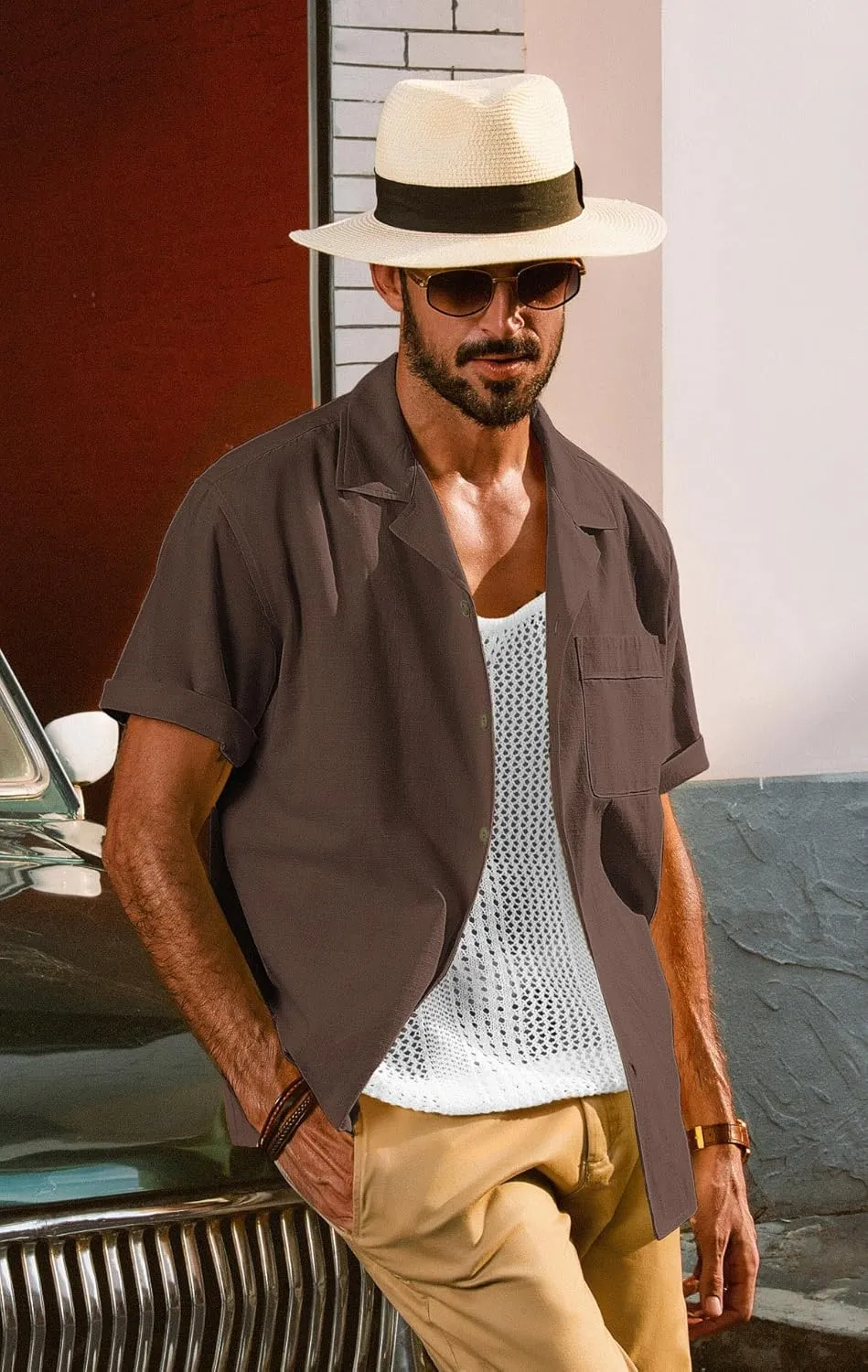 PJ PAUL JONES Mens Short Sleeve Button Down Shirts Untuckit Cuban Casual Shirt with Pocket for Summer Beach
