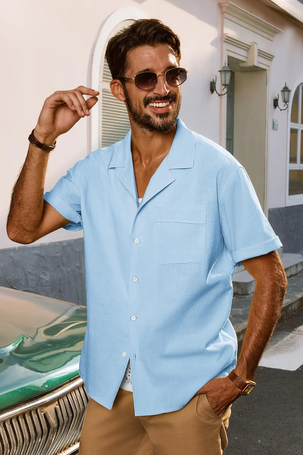 PJ PAUL JONES Mens Short Sleeve Button Down Shirts Untuckit Cuban Casual Shirt with Pocket for Summer Beach
