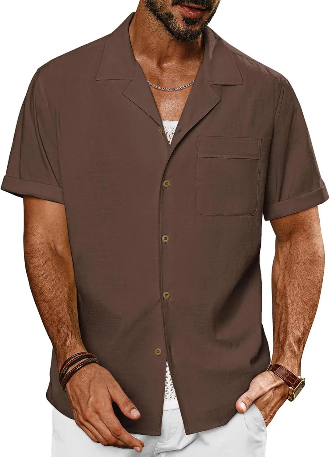 PJ PAUL JONES Mens Short Sleeve Button Down Shirts Untuckit Cuban Casual Shirt with Pocket for Summer Beach