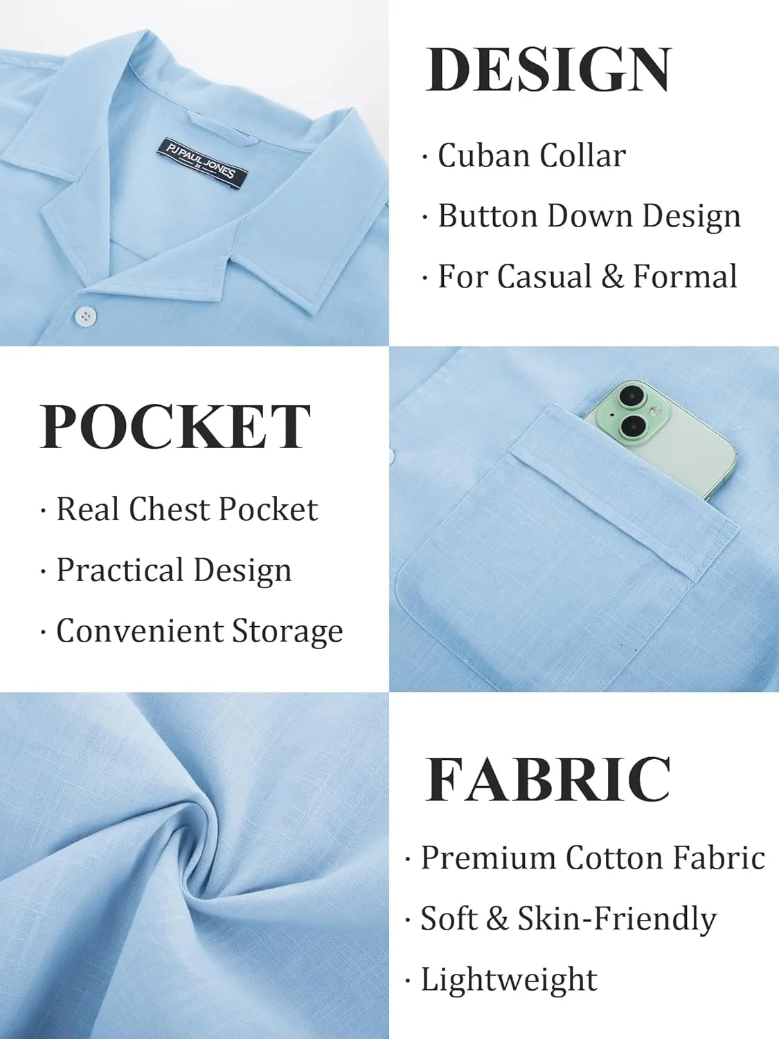 PJ PAUL JONES Mens Short Sleeve Button Down Shirts Untuckit Cuban Casual Shirt with Pocket for Summer Beach