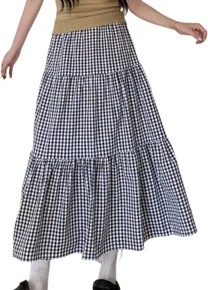 Plaid A-Line Maxi Skirt for Women Casual Elastic Waist Long Skirts