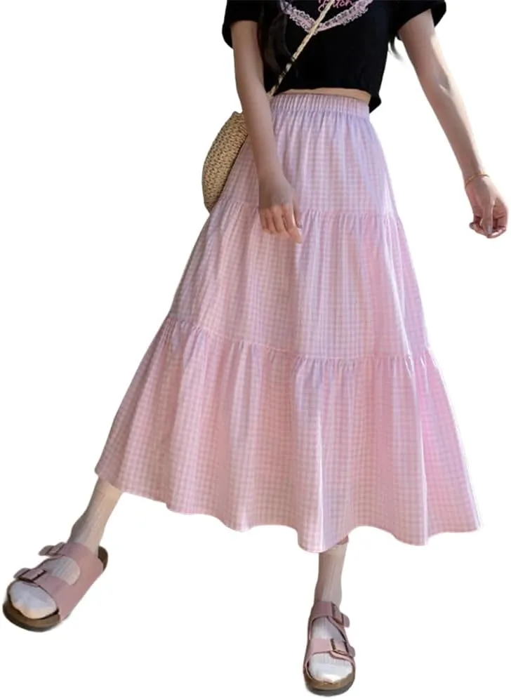 Plaid A-Line Maxi Skirt for Women Casual Elastic Waist Long Skirts